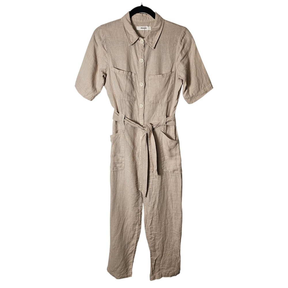 Promod S‎ Beige 100% Linen Boilersuit Jumpsuit Short Sleeve Cropped Lagenlook